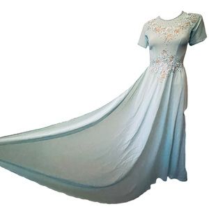 Vintage Blue Dreamy Formal Hand Beaded Embroidered Pearls Floral High Slit Dress